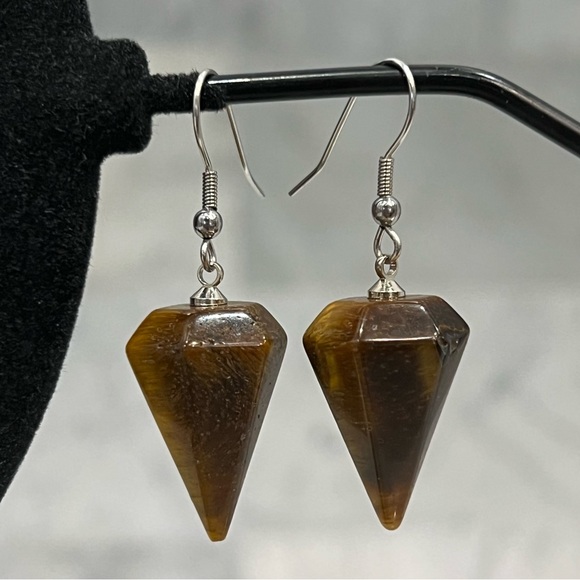 South African Tiger’s Eye Hexagonal Silver Drop Earrings - Picture 8 of 11